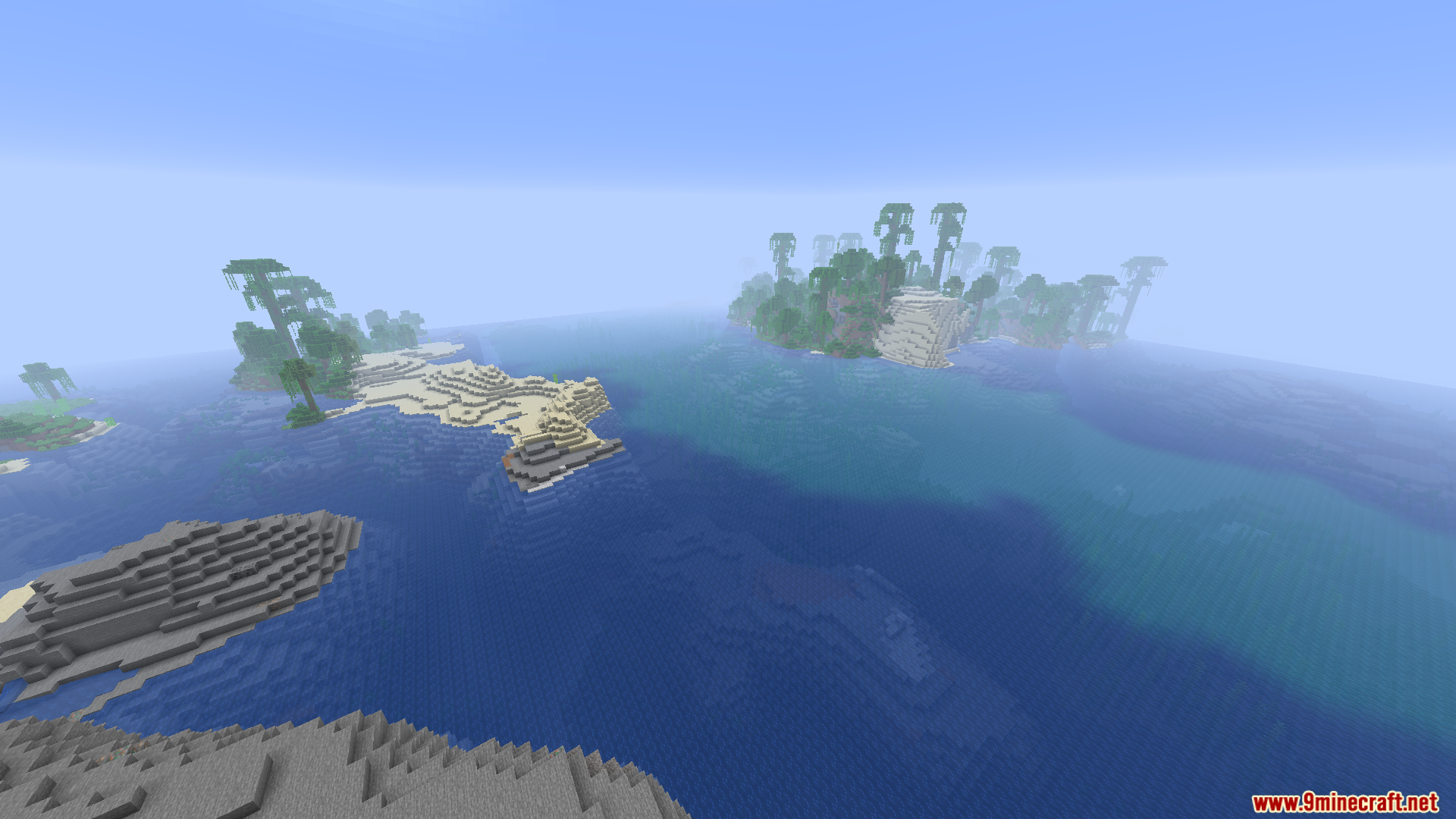 WorldWeaver Neoforge Mod Screenshot 9 A view of a Minecraft ocean with islands and a jungle biome in the distance
