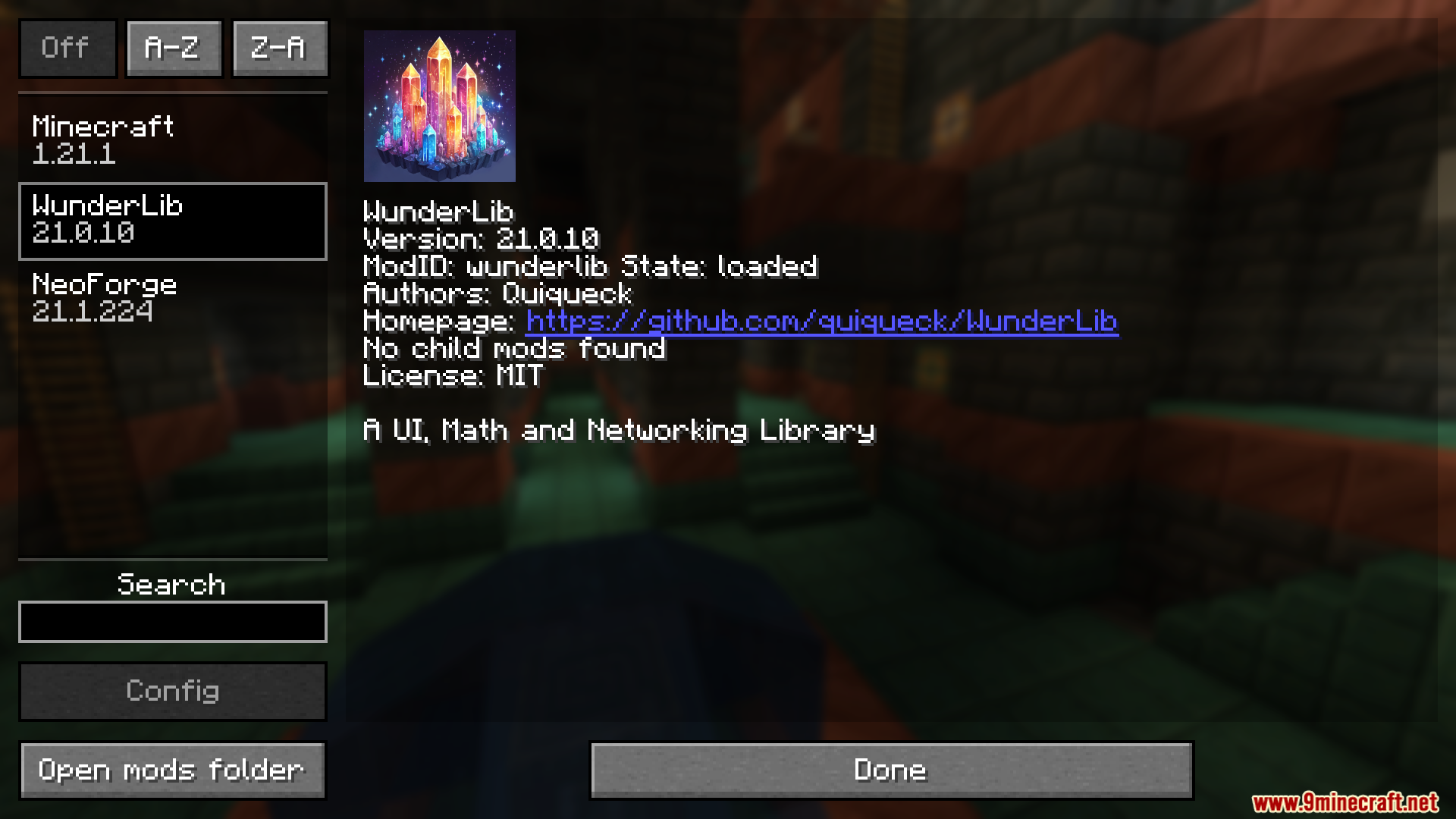 WunderLib Neoforge Mod displayed in the Minecraft mod list menu