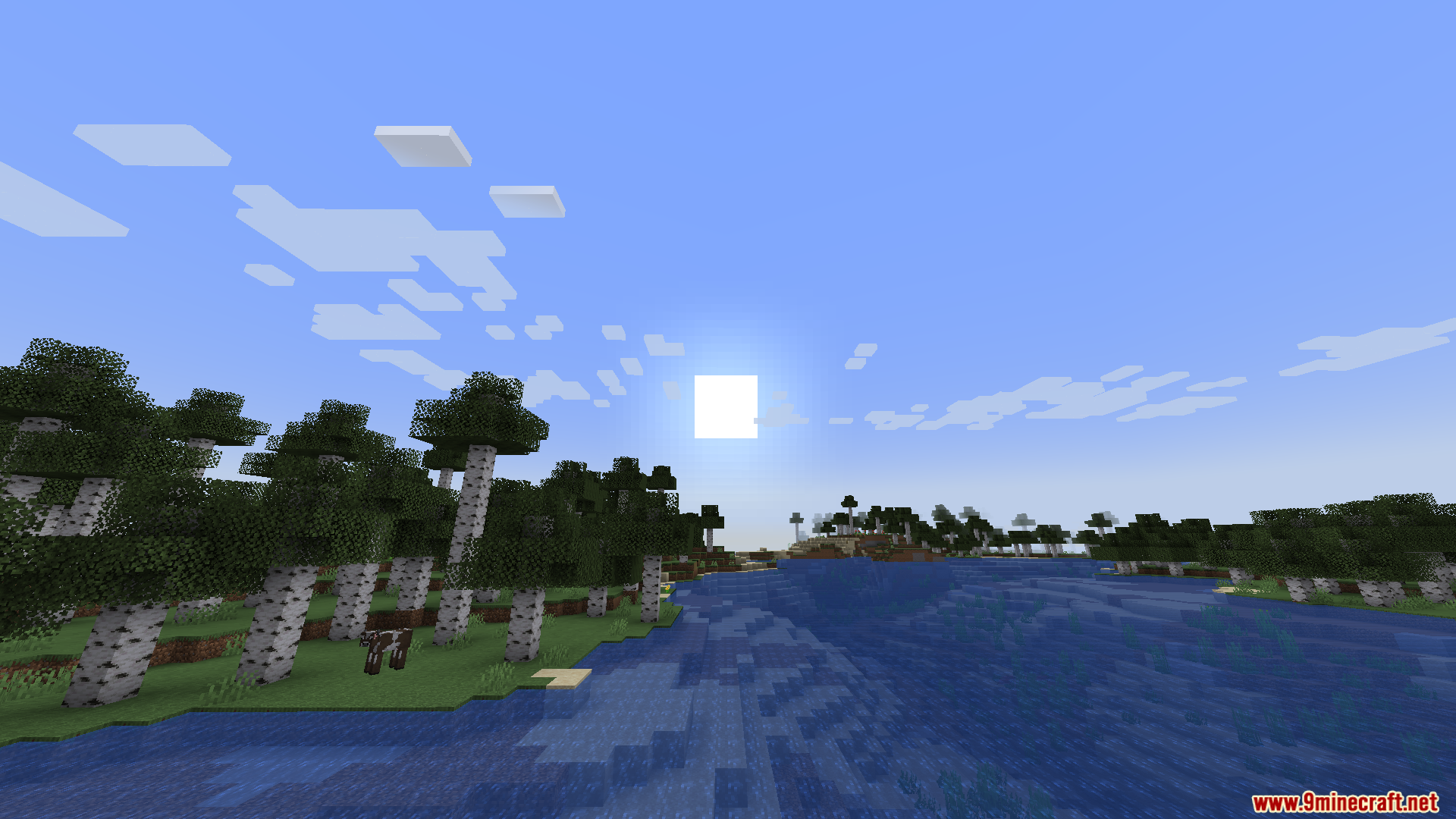 Birch forest biome next to a river with WunderLib Neoforge Mod