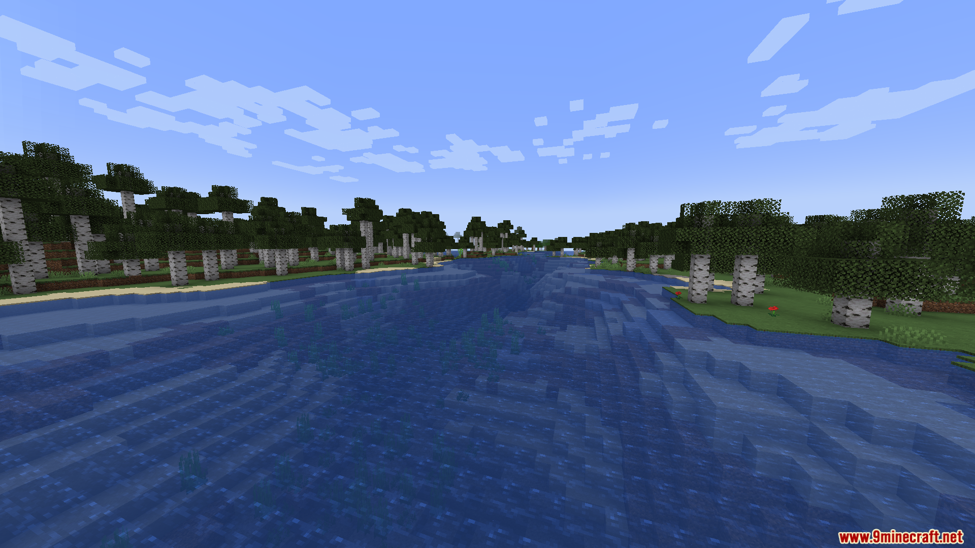 Wide river flowing through a birch forest in WunderLib Neoforge Mod