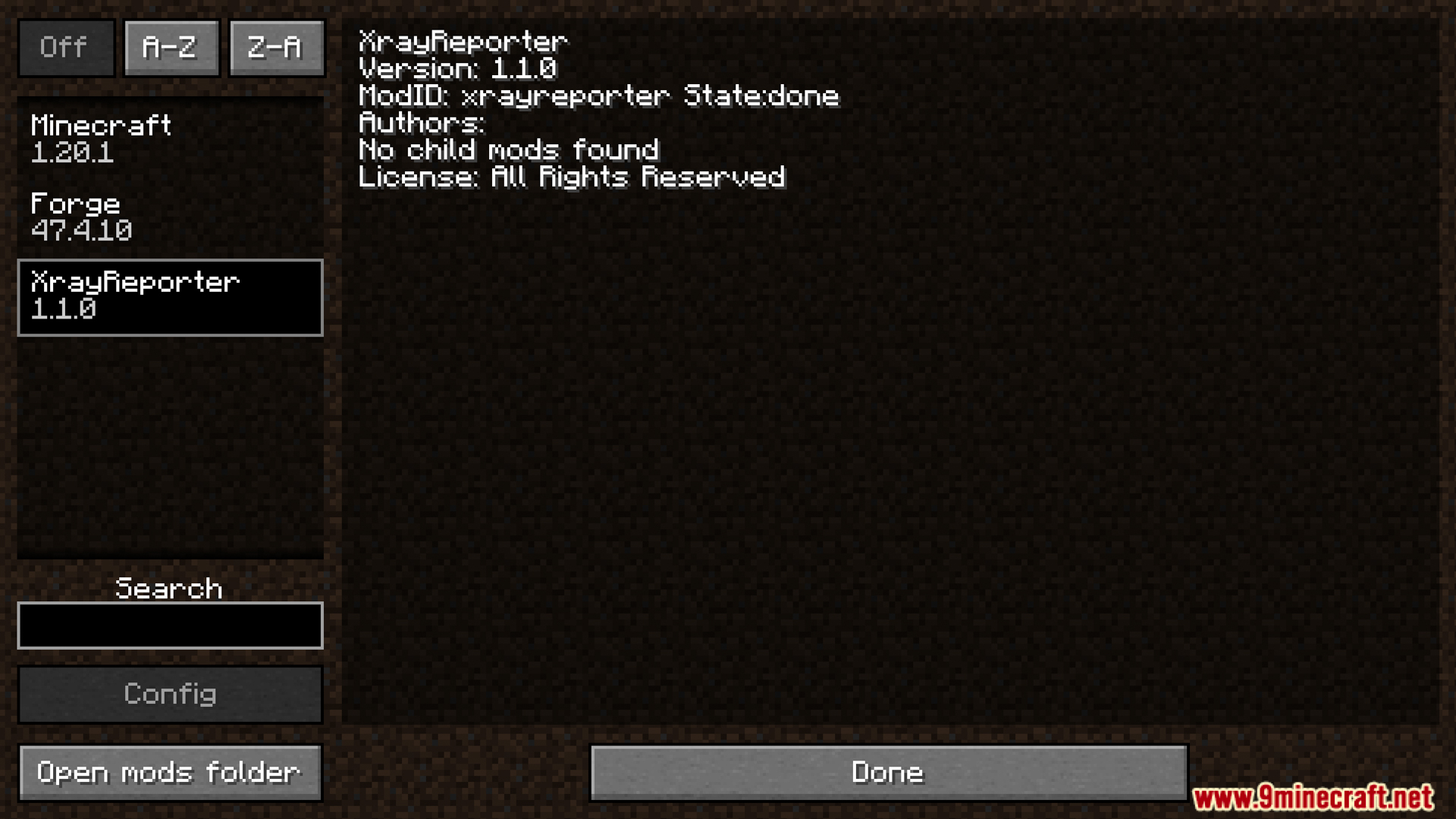 Viewing the Minecraft mod menu displaying installed XrayReporter mod details