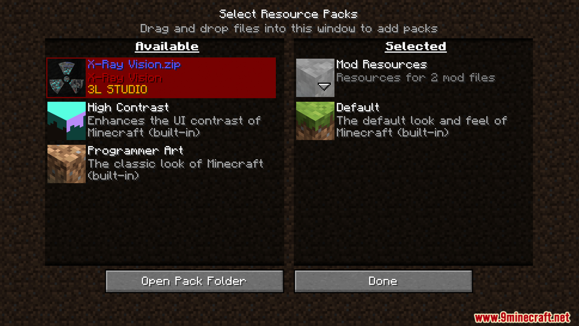 Selecting an Xray texture pack in the resource packs menu