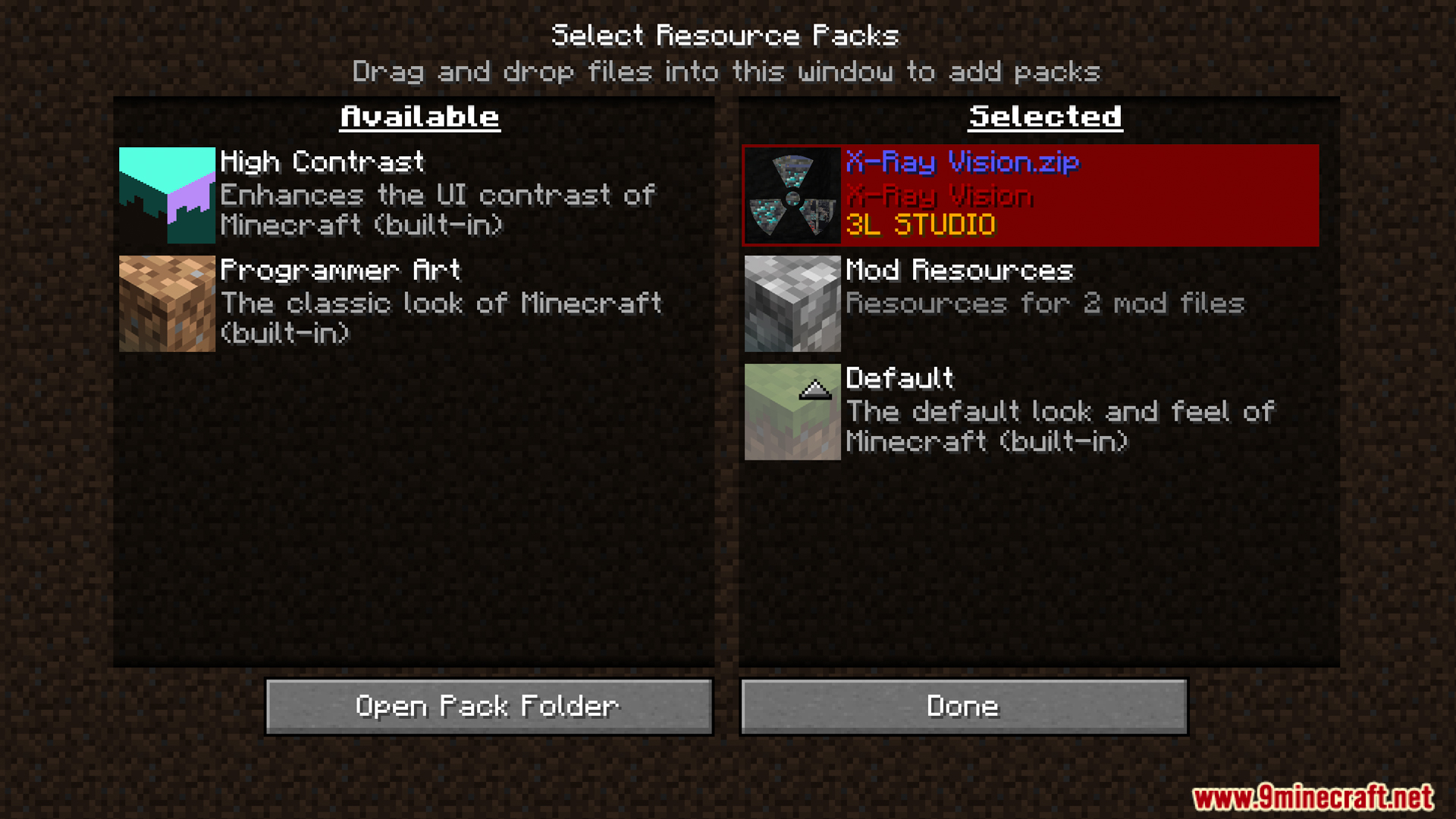 Selecting an Xray vision resource pack in the game settings