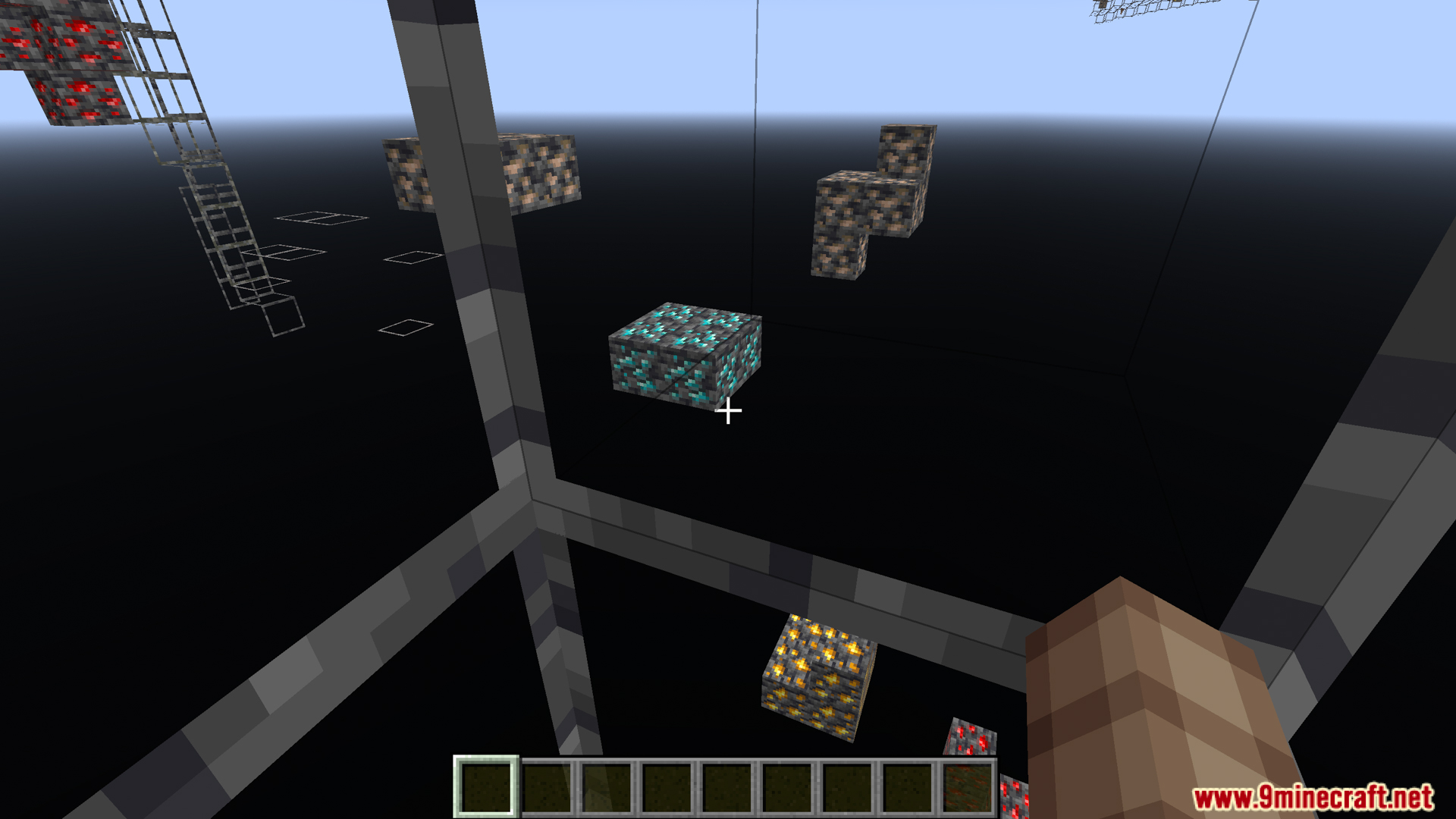 Isolated diamond and gold ores floating in void due to transparent blocks