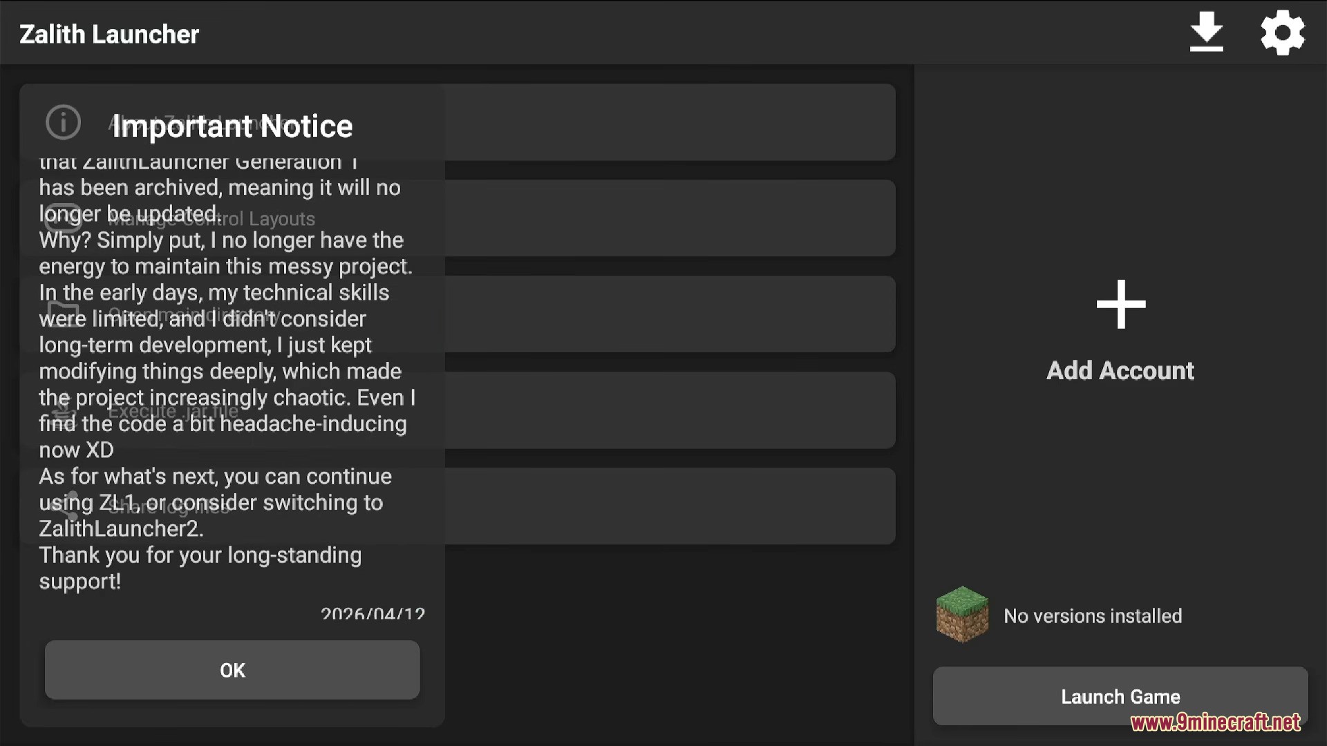 Zalith Launcher displays an important notice about the project being archived