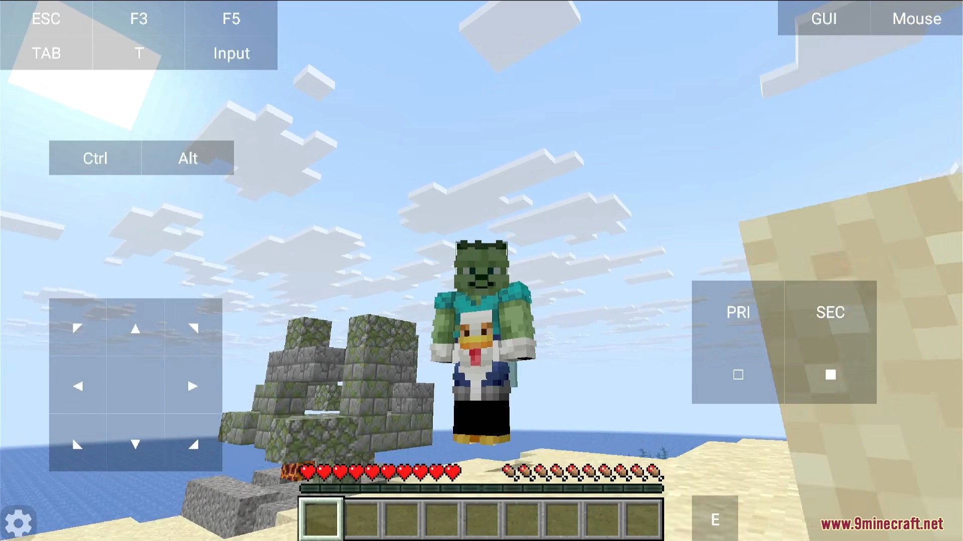 Mobile gameplay showing on screen touch controls and custom player skin