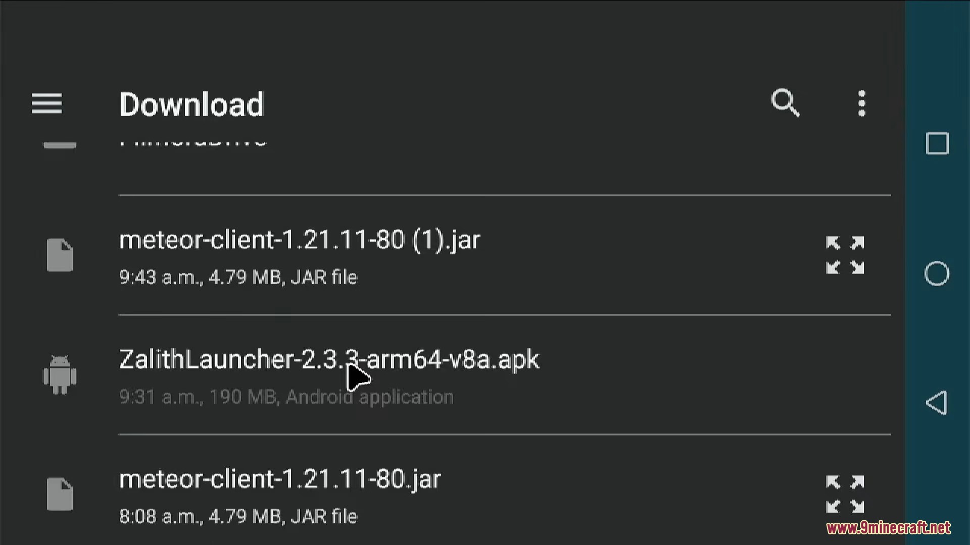 Android download folder showing the Zalith Launcher apk and mod files