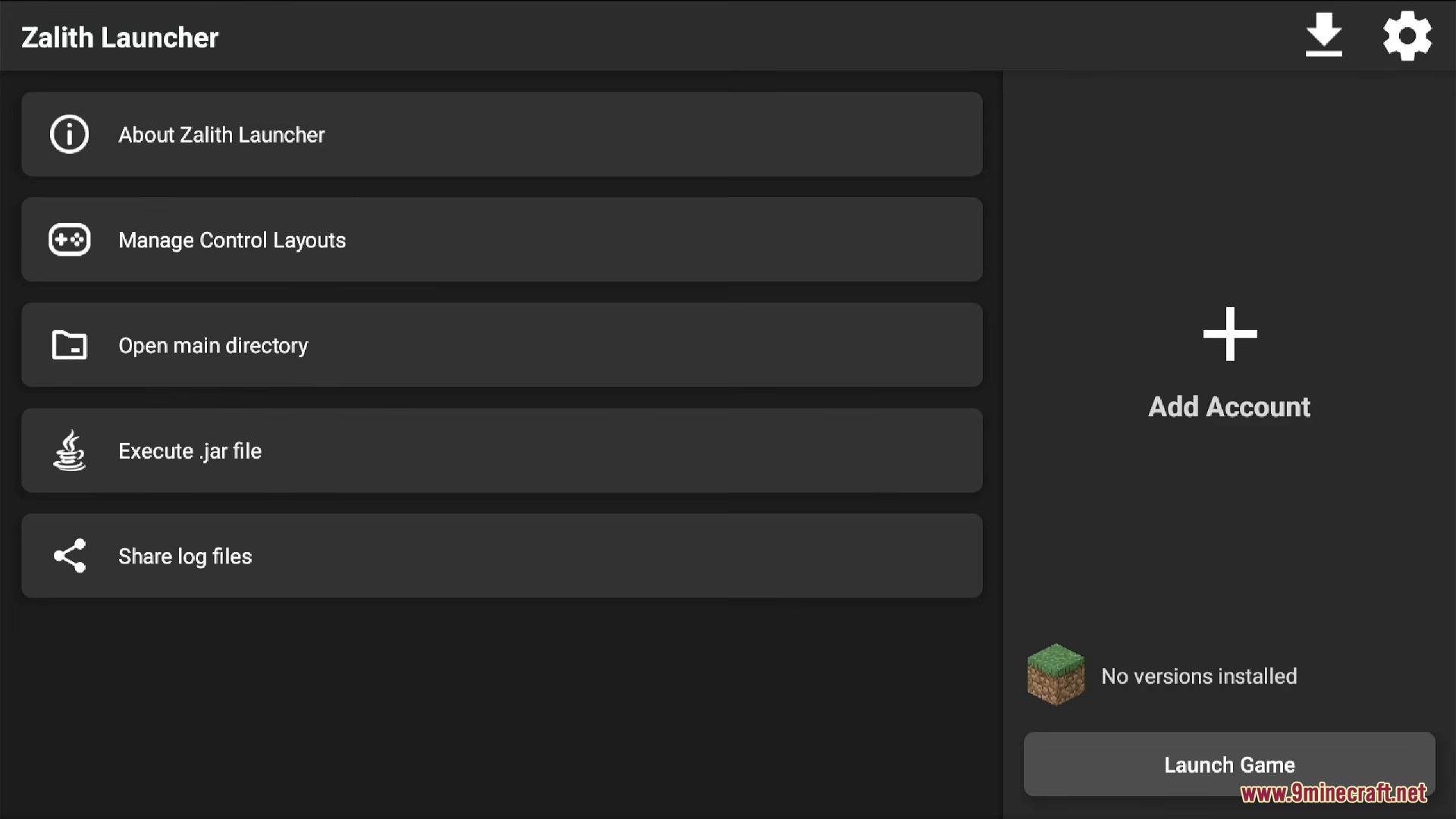 Main menu of Zalith Launcher showing options like manage control layouts