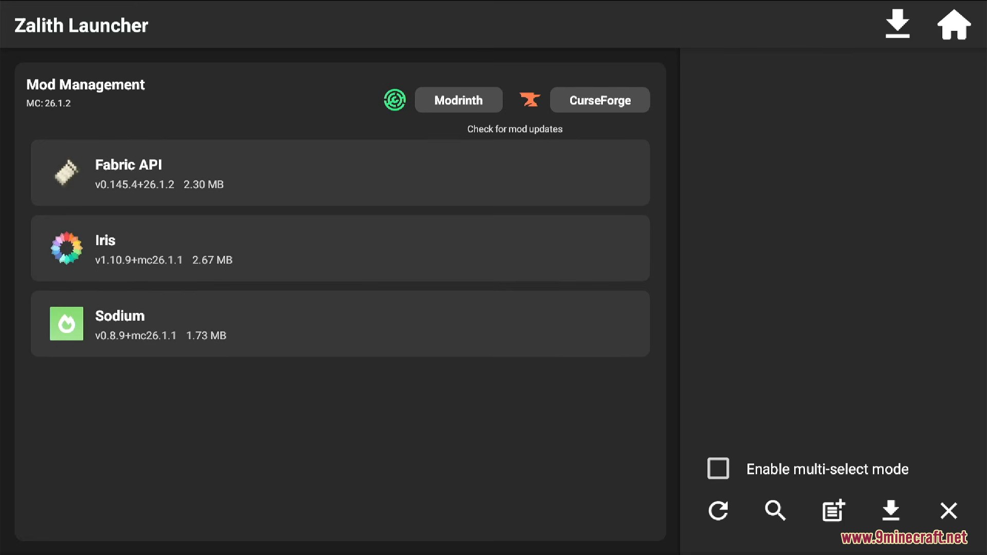 Mod management screen in Zalith Launcher showing installed mods like Fabric API