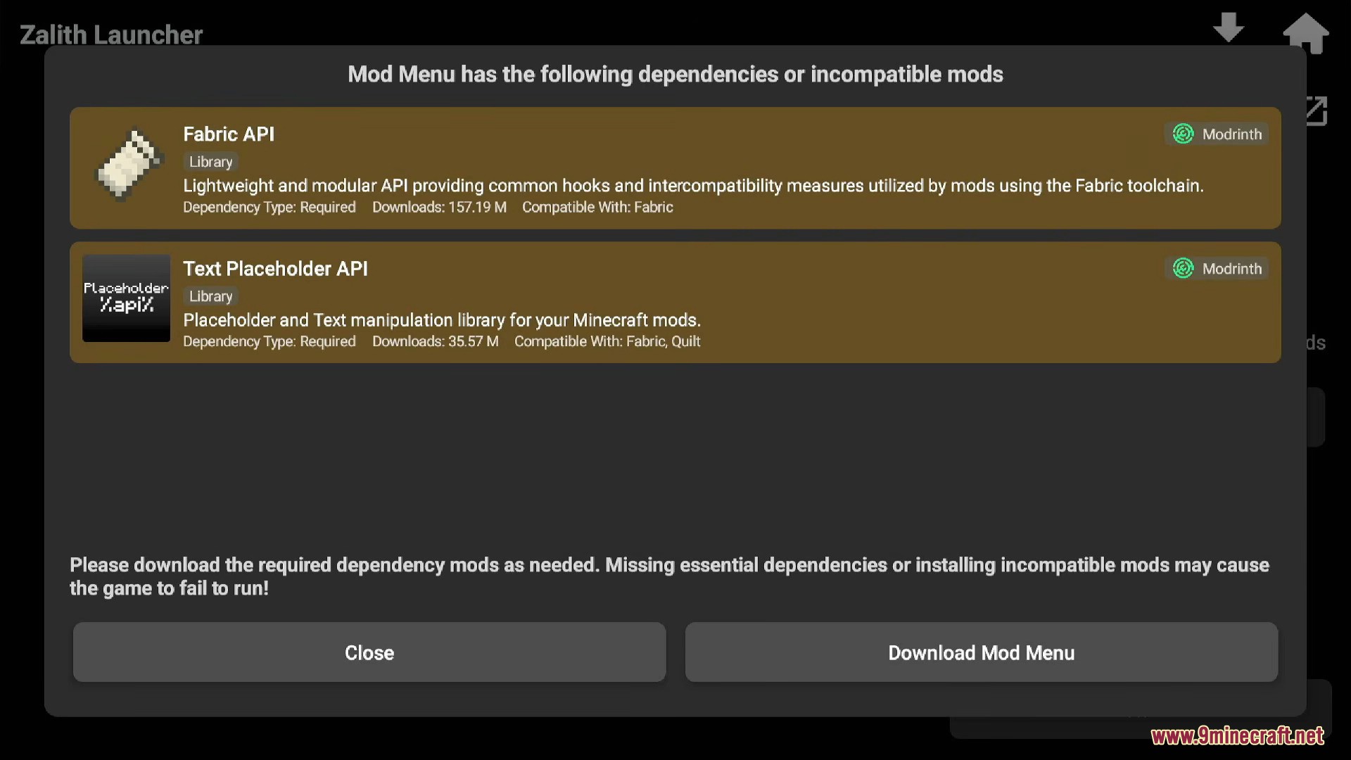 Zalith Launcher showing dependencies for Mod Menu like Fabric API