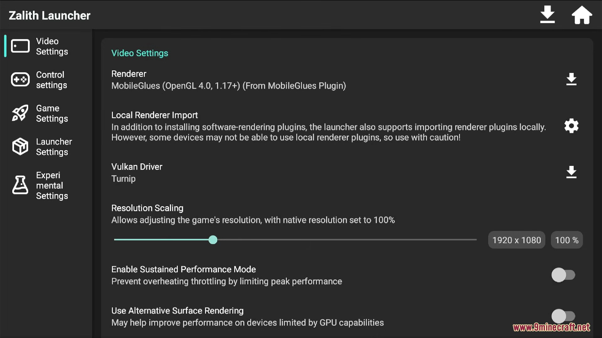 Video settings menu in Zalith Launcher showing renderer and resolution options