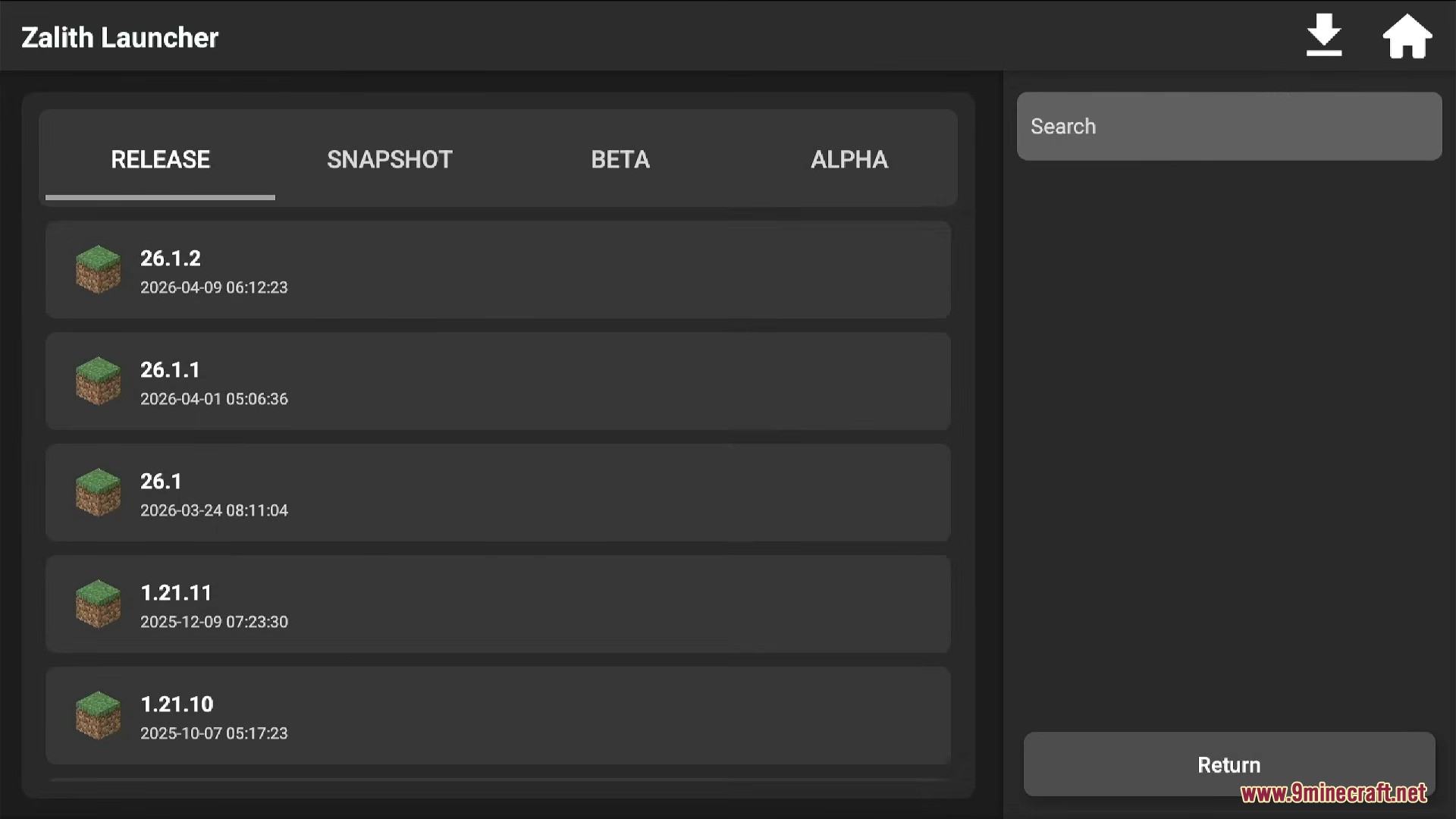 Version selection screen displaying release and snapshot options for the game