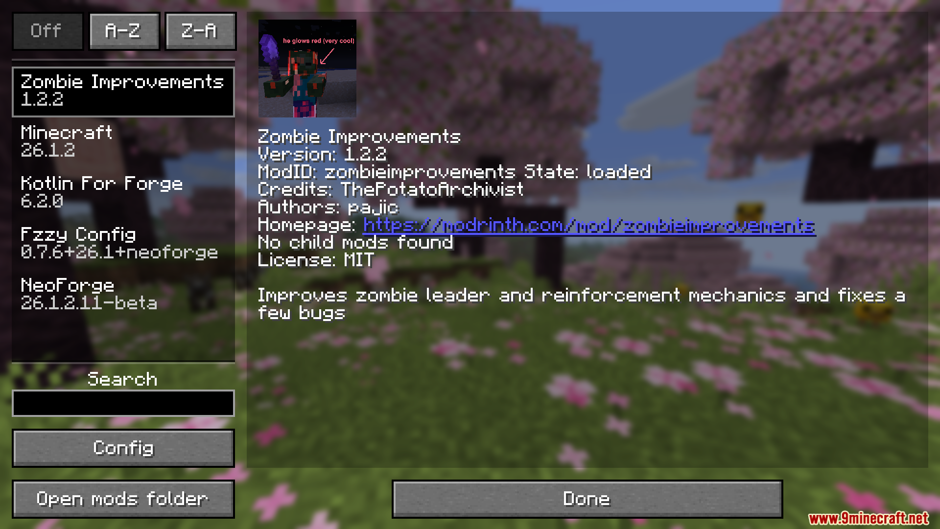 Zombie Improvements Mod Screenshot 1 Minecraft mod menu displaying the Zombie Improvements information and version