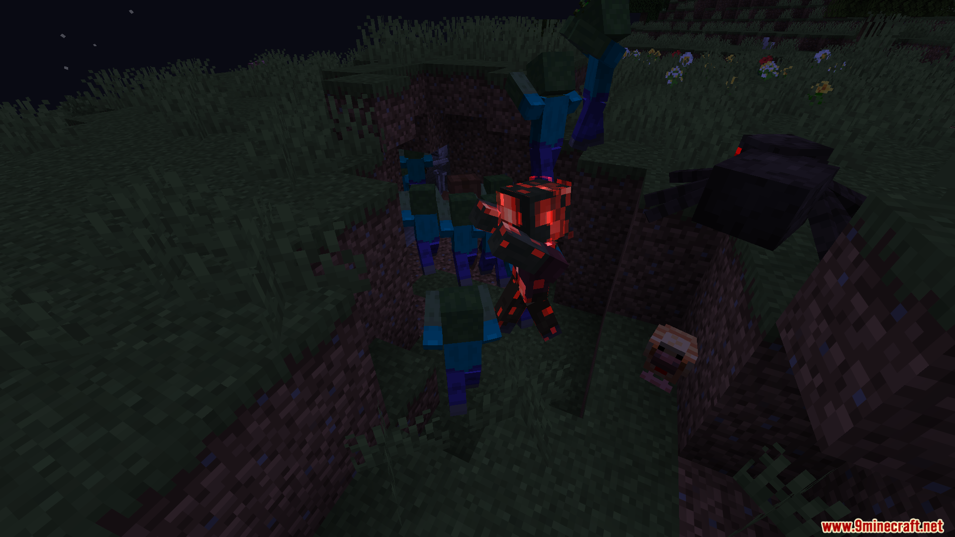 Zombie Improvements Mod Screenshot 6 A glowing leader zombie standing among regular zombies in a ravine