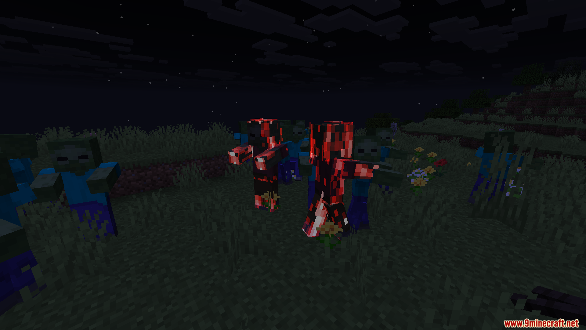 Zombie Improvements Mod Screenshot 7 Multiple glowing leader zombies leading a group of regular zombies