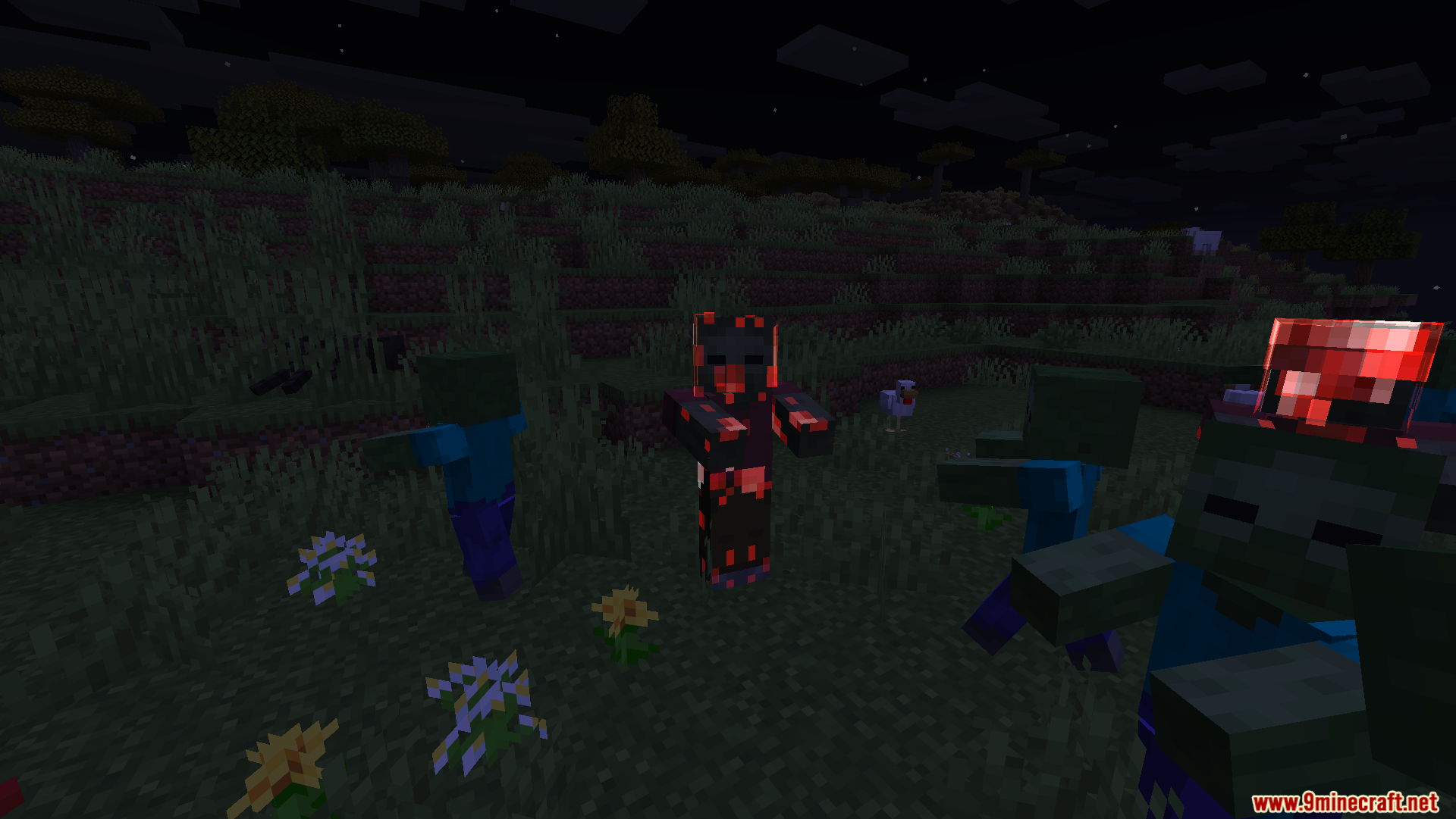 Zombie Improvements Mod Screenshot 8 Red glowing leader zombie standing with regular zombies in dark field