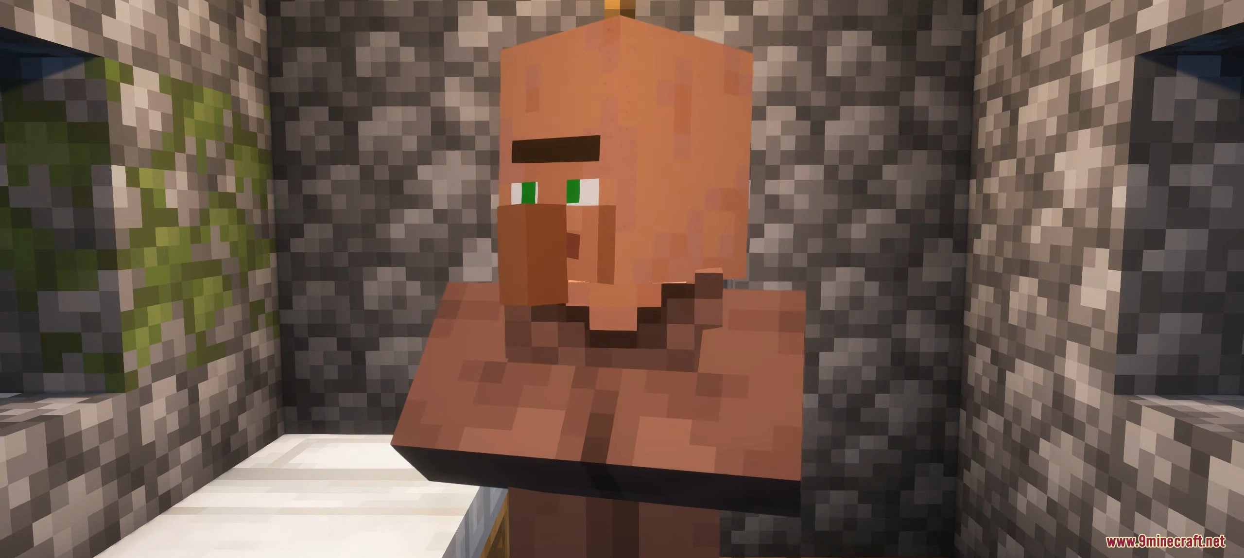 A Minecraft villager stands inside a stone room