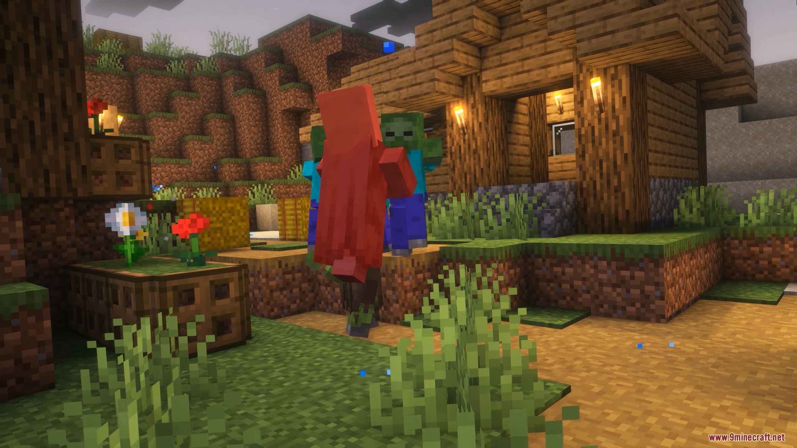 A red villager runs from two zombies outside a house