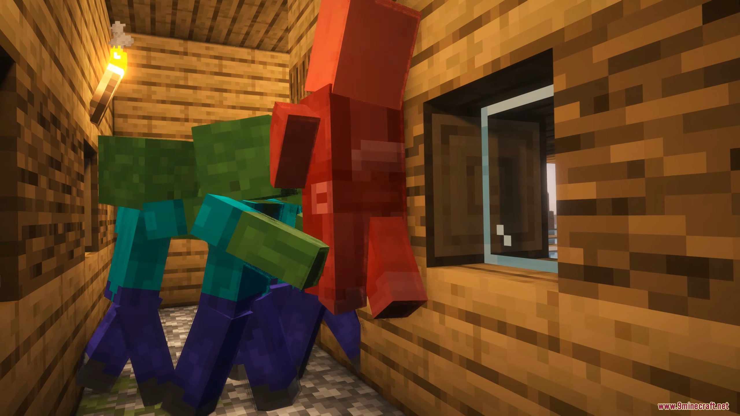 Zombies attacking a red villager inside a wooden building