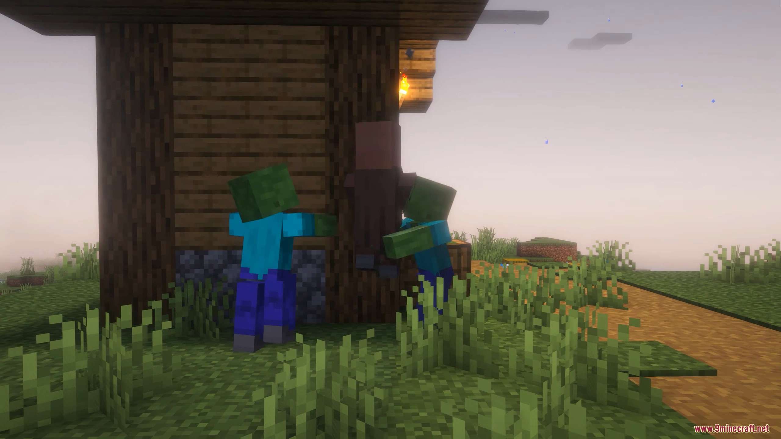 Two zombies attacking a villager outside a house