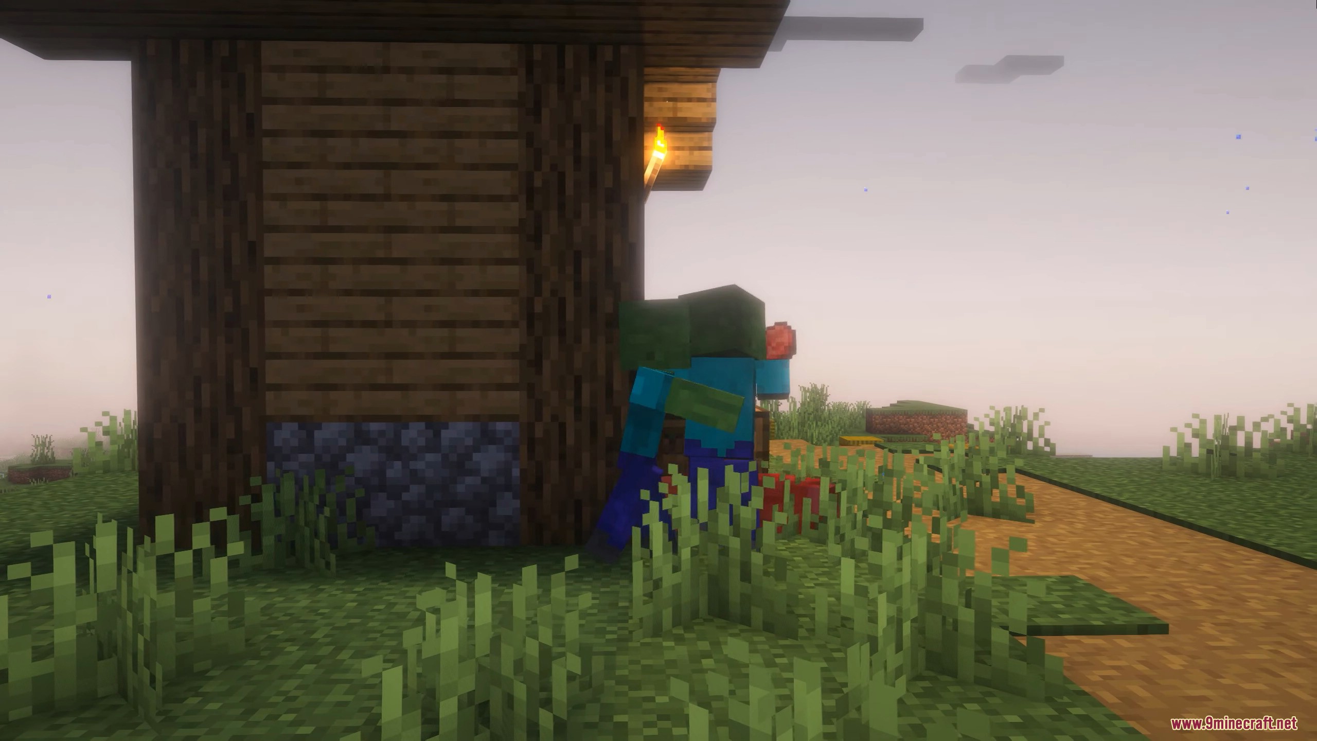 A zombie eats a piece of meat by a house