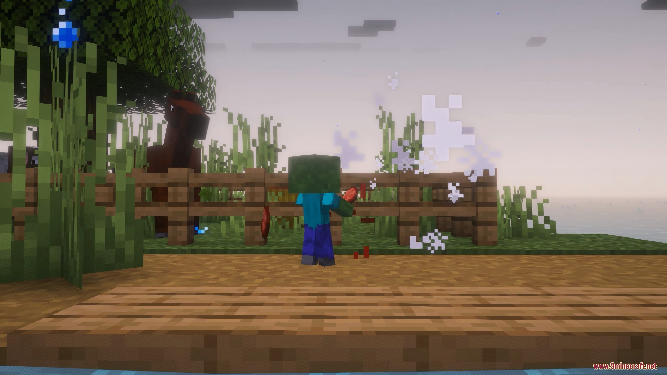 A zombie with a buff stands on a wooden dock