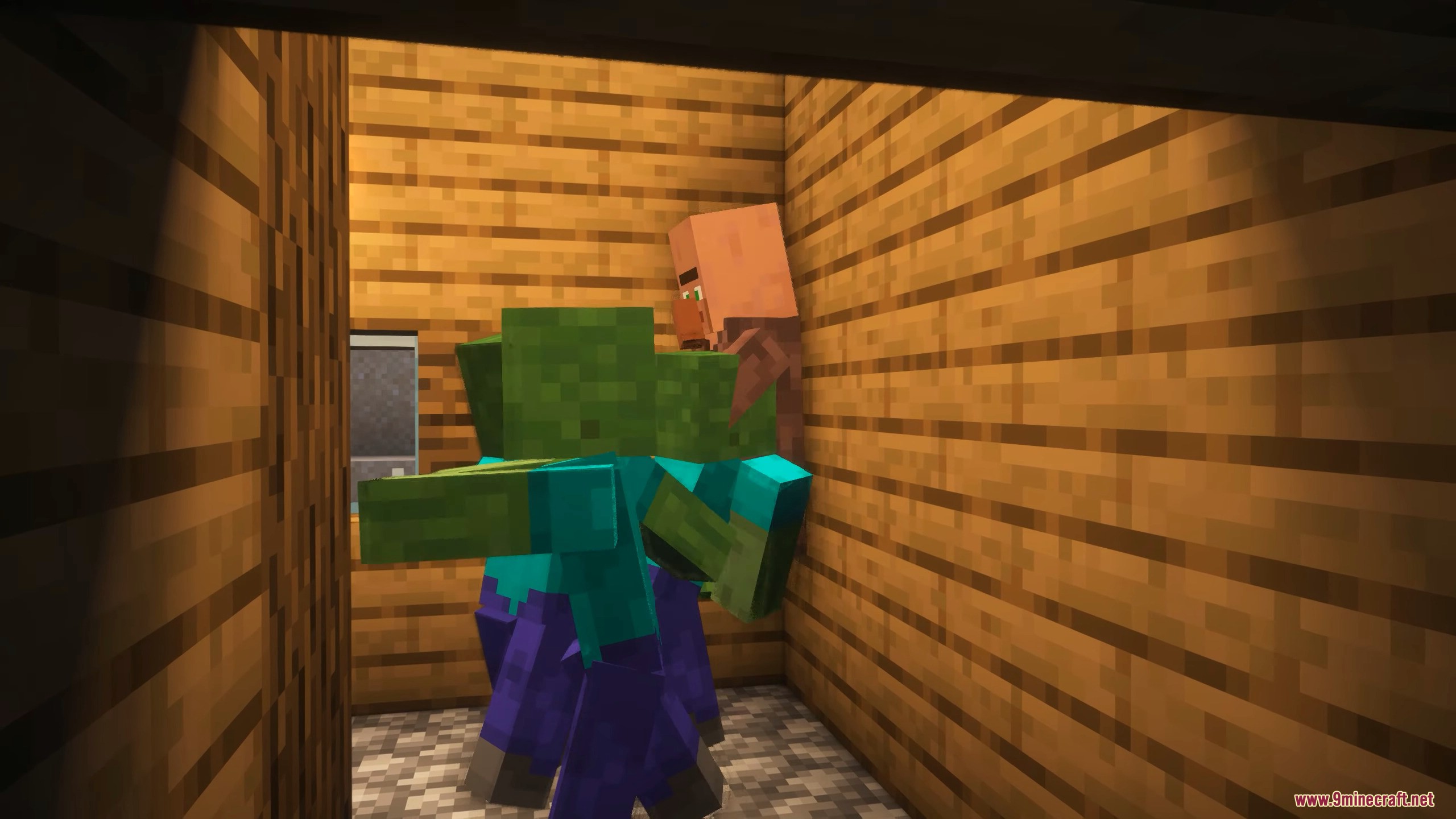 A zombie attacks a villager inside a wooden house