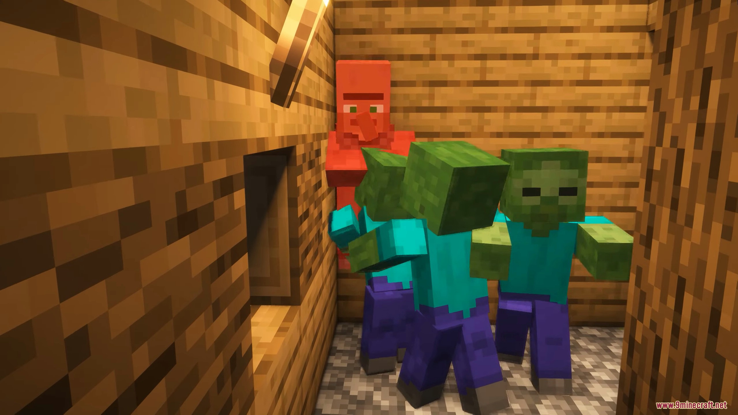 Zombies cornering a red villager inside a wooden house