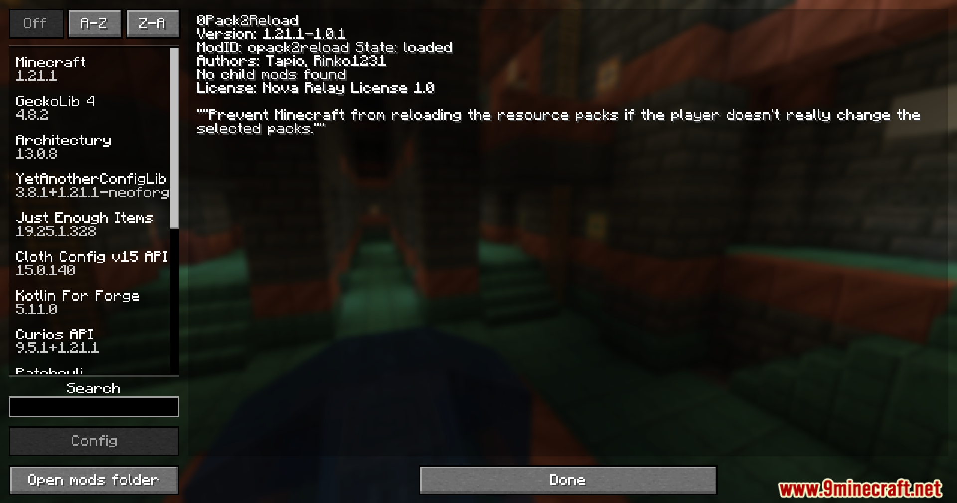 0Pack2Reload Mod Screenshot 1 Viewing the 0Pack2Reload mod details in the game mod list menu
