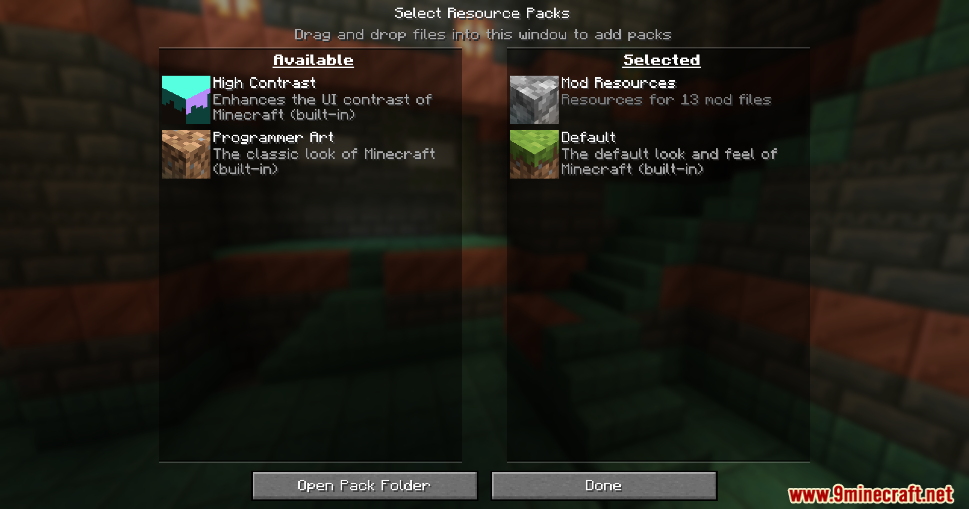 0Pack2Reload Mod Screenshot 2 The resource pack selection menu showing available and currently active packs