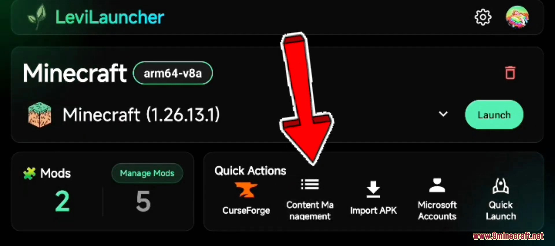 Launcher quick actions with an arrow pointing to the content management section