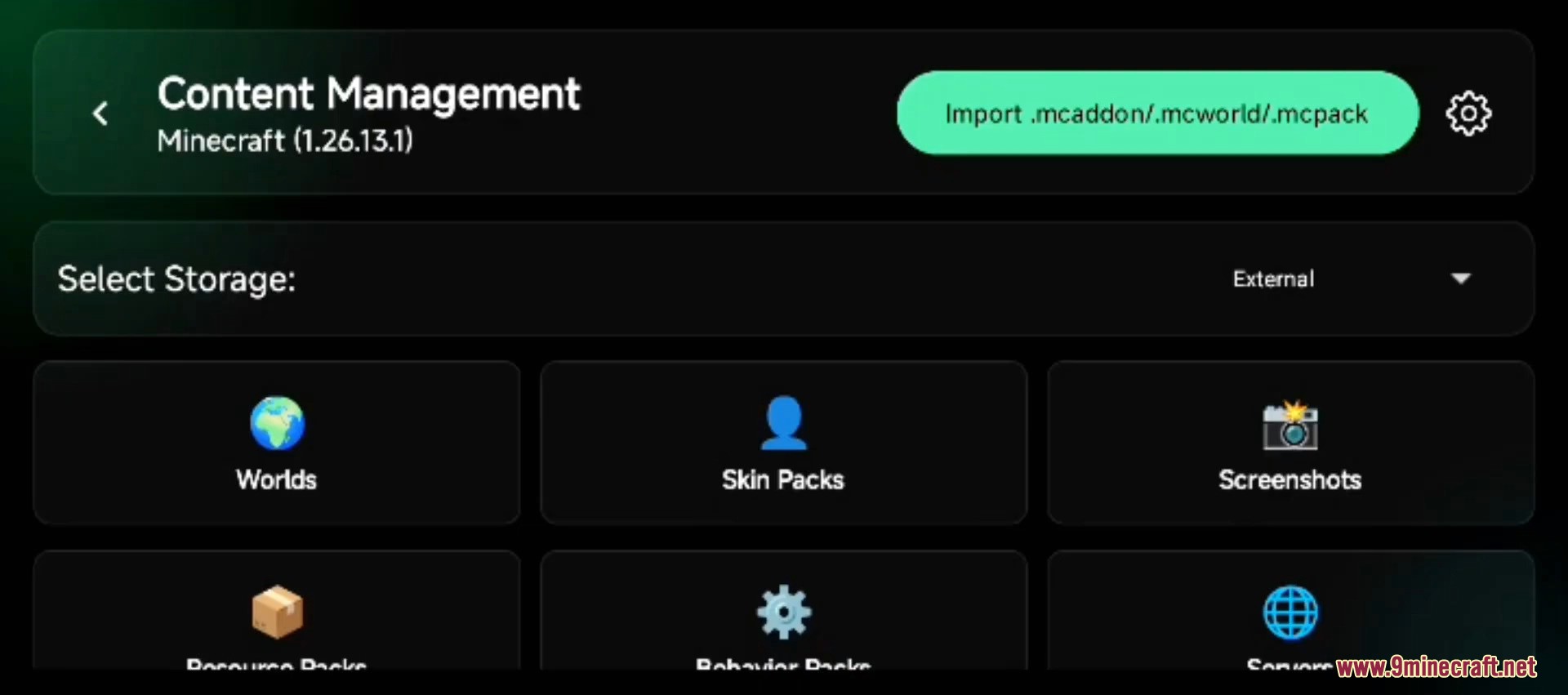 Content management screen for importing worlds skin packs and other game files