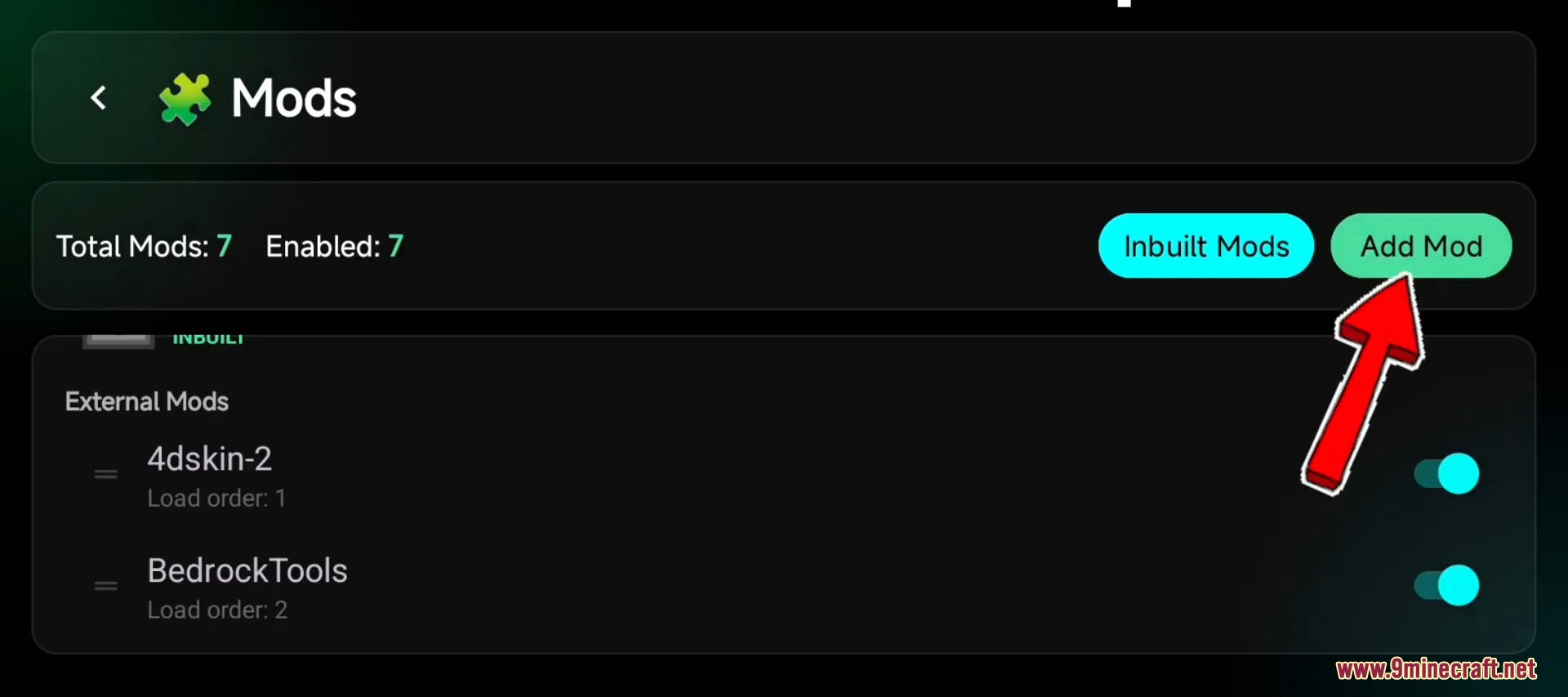 The mods management screen with a red arrow pointing to the add mod button