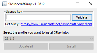 Entering a license key into the 9MinecraftXray client installer to begin setup