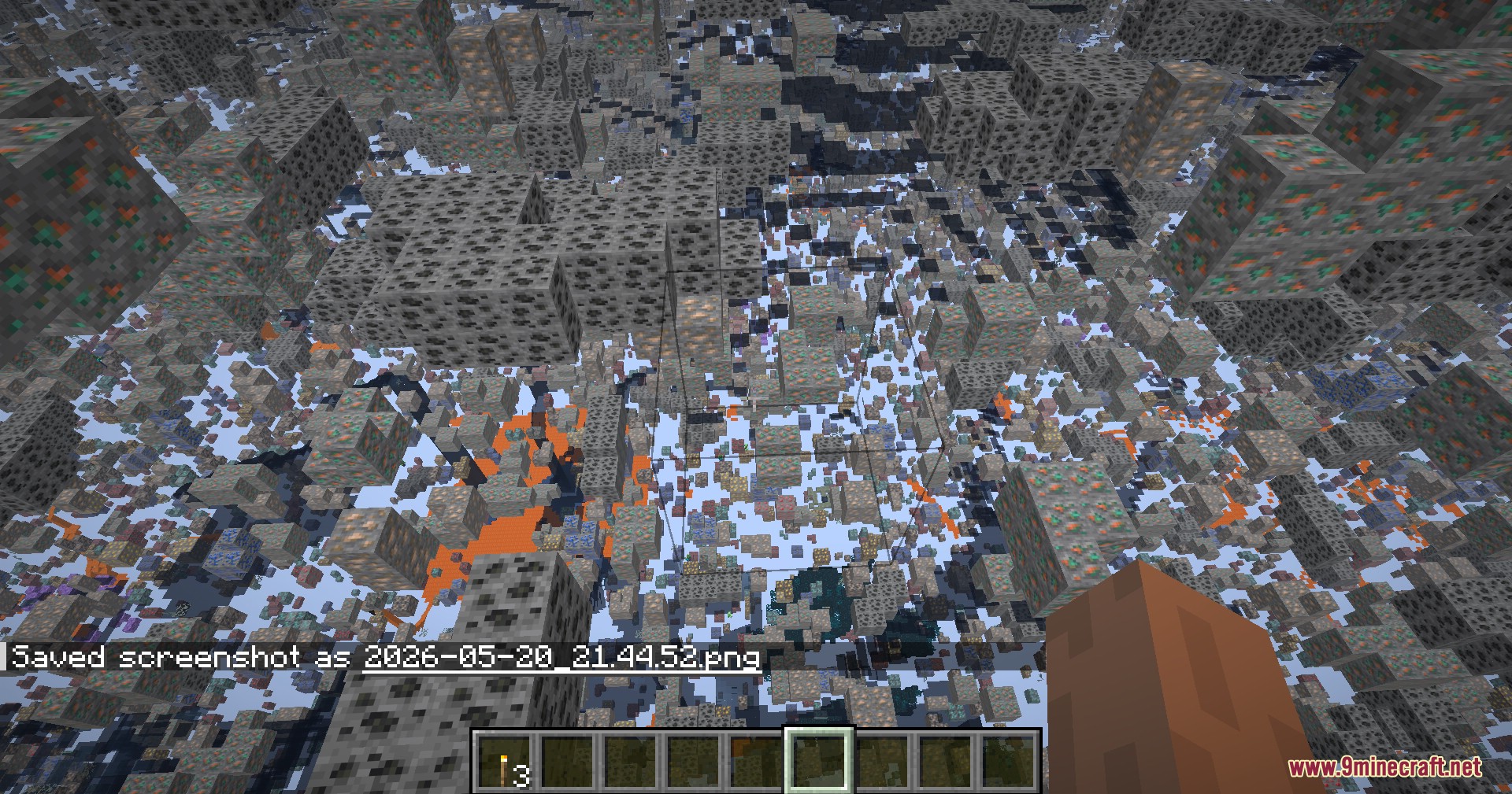 Player using xray vision to see through terrain revealing lava and water