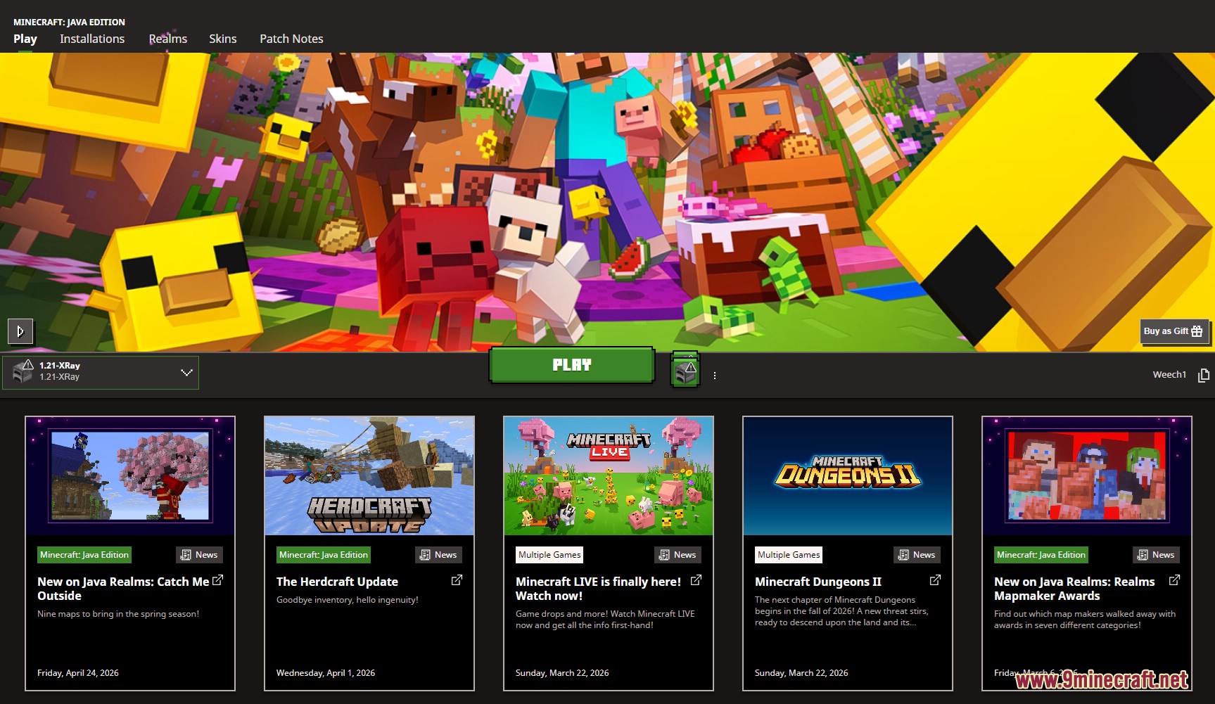 Minecraft launcher interface showing the custom xray profile selected