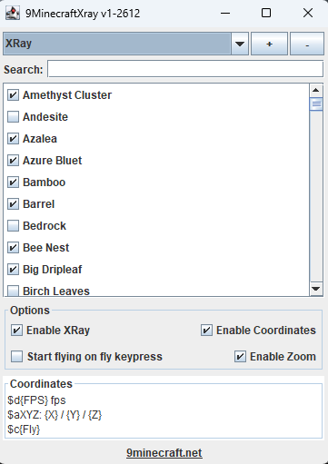 Configuration menu for toggling block visibility and adjusting display settings