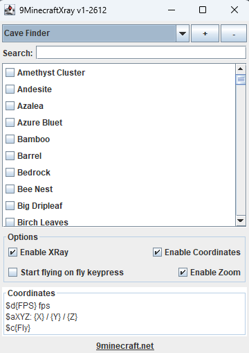 A menu for selecting blocks to highlight in the game