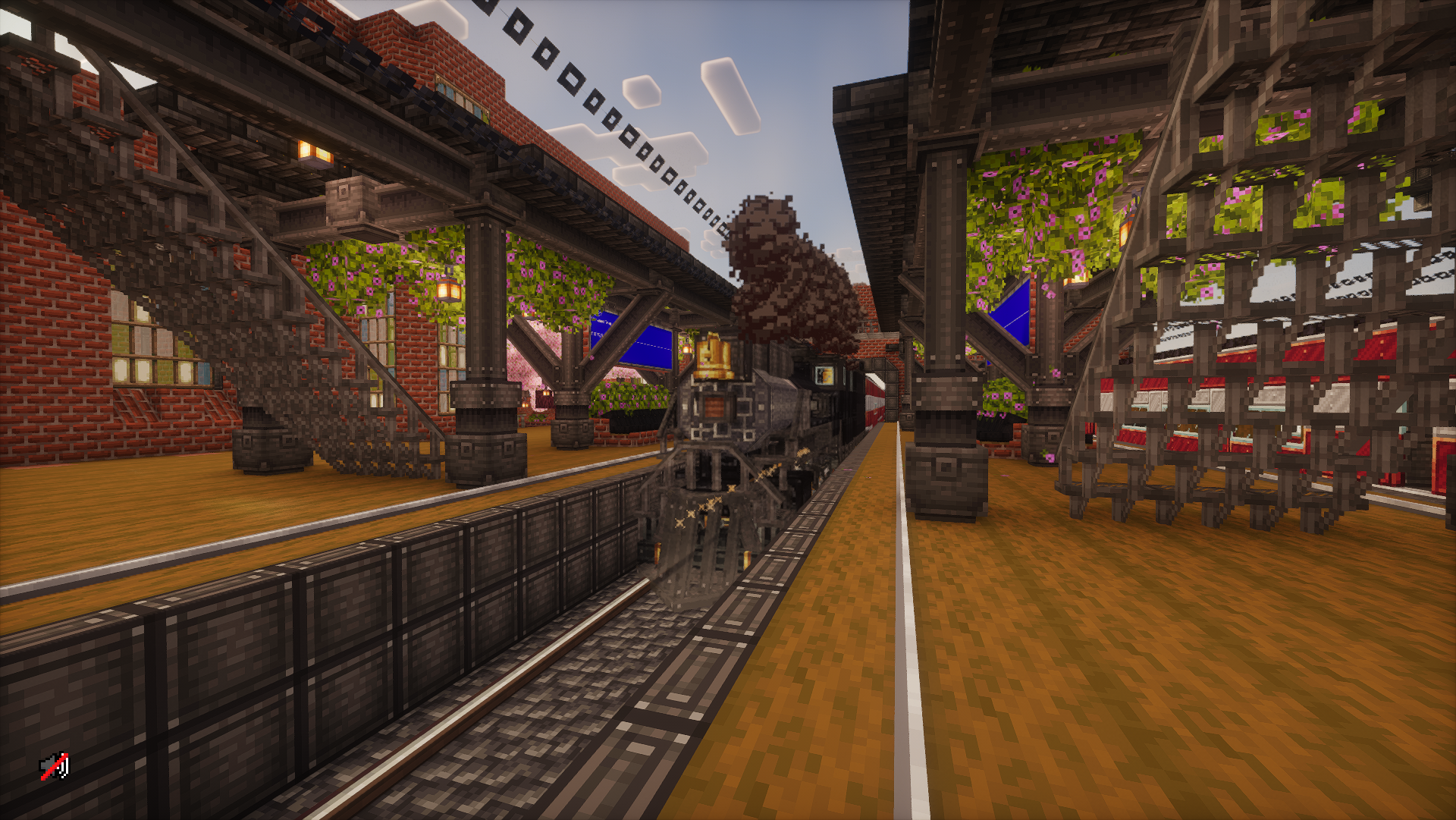 A German Styled Trainstation Schematic Screenshots 1 A steam train stopped at a platform with stairs and hanging flowers