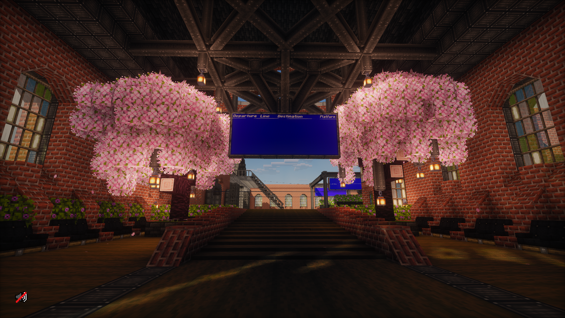 A German Styled Trainstation Schematic Screenshots 2 Interior of a German styled train station with pink cherry blossom trees and lanterns