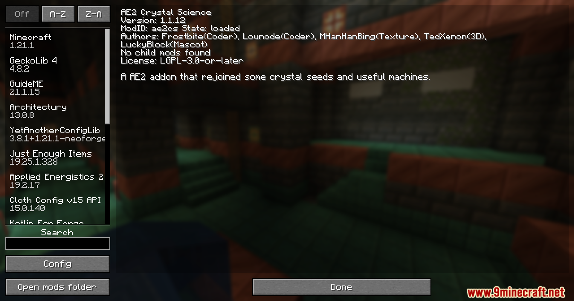 A menu screen displaying the AE2 Crystal Science mod details and loaded status