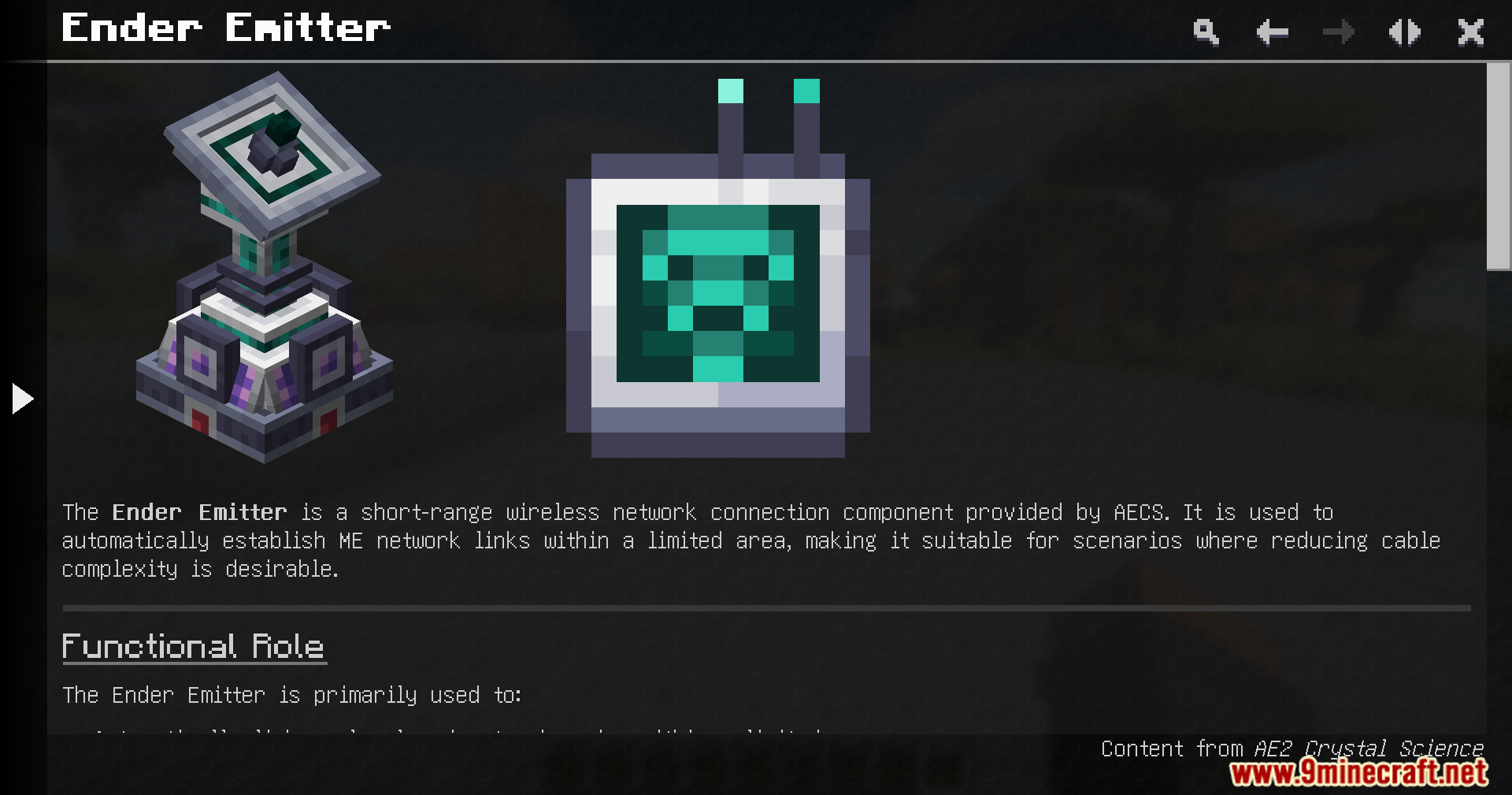 In-game guide book page detailing the Ender Emitter block