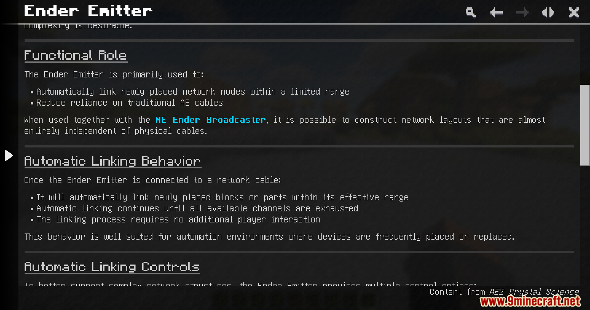 Guide book page explaining the automatic linking behavior of the Ender Emitter