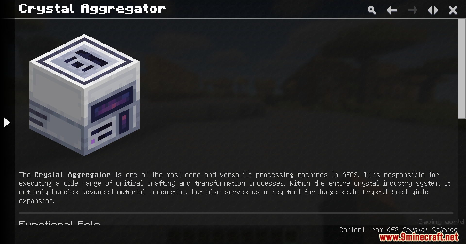 Guide book page displaying the Crystal Aggregator block for advanced material production