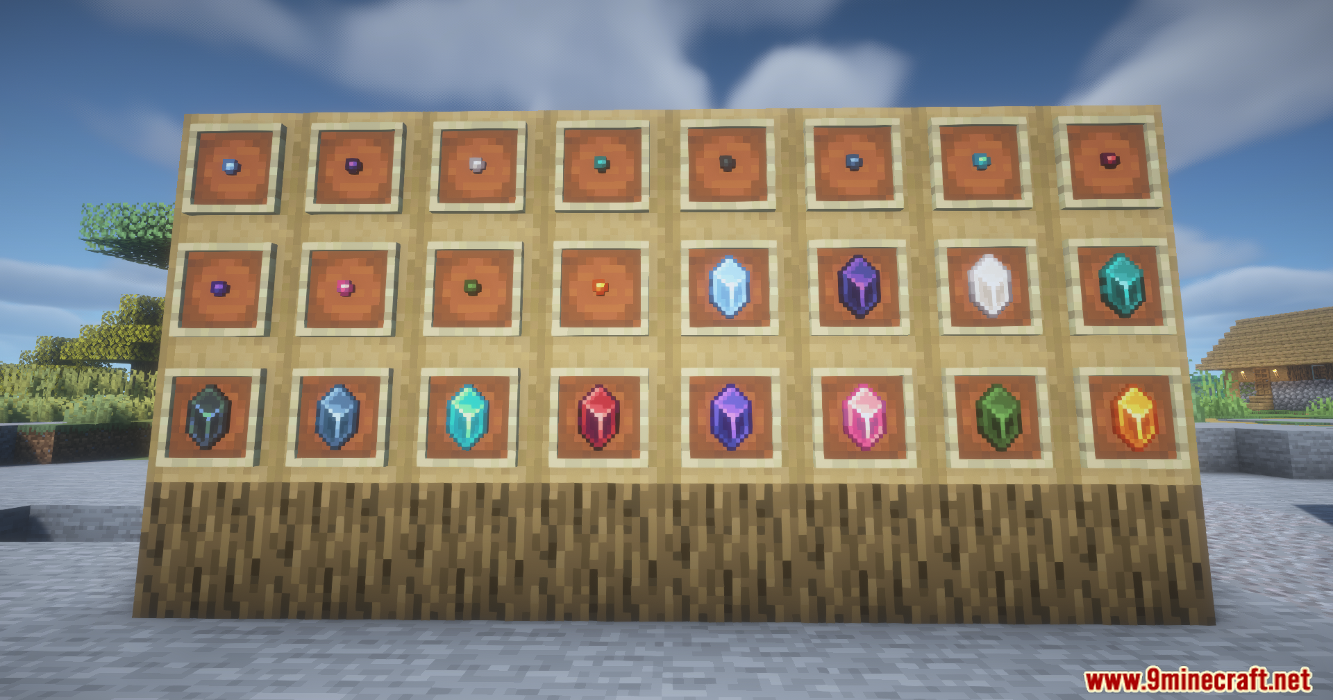 A display of various colored crystals and seeds arranged in item frames on a wall