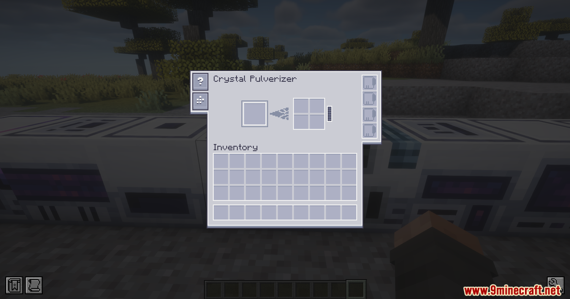 Crystal Pulverizer interface showing input slot, progress arrow, and output slots