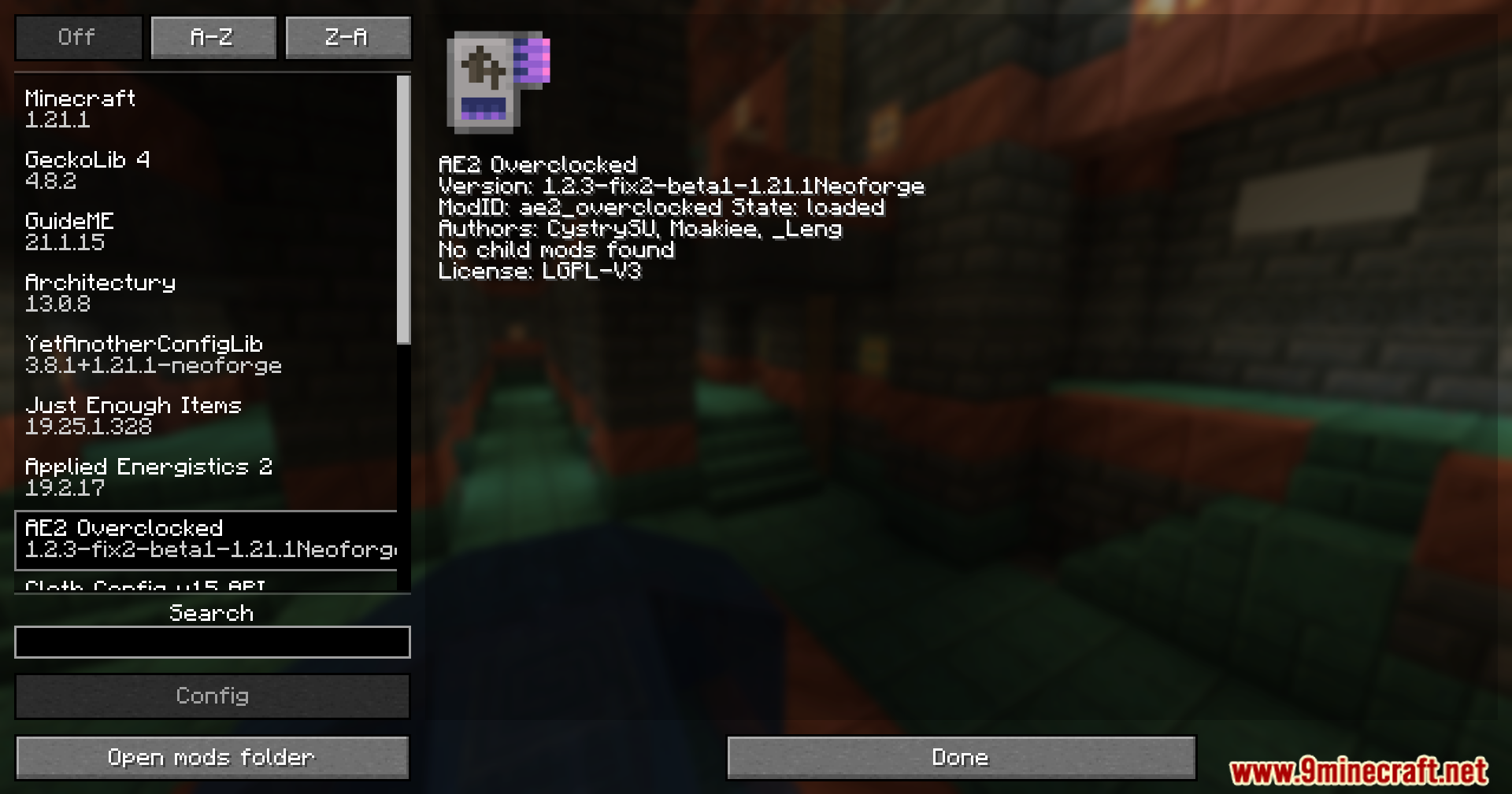 AE2 Overclocked Mod Screenshot 1 Player looking at the AE2 Overclocked mod information in the game menu