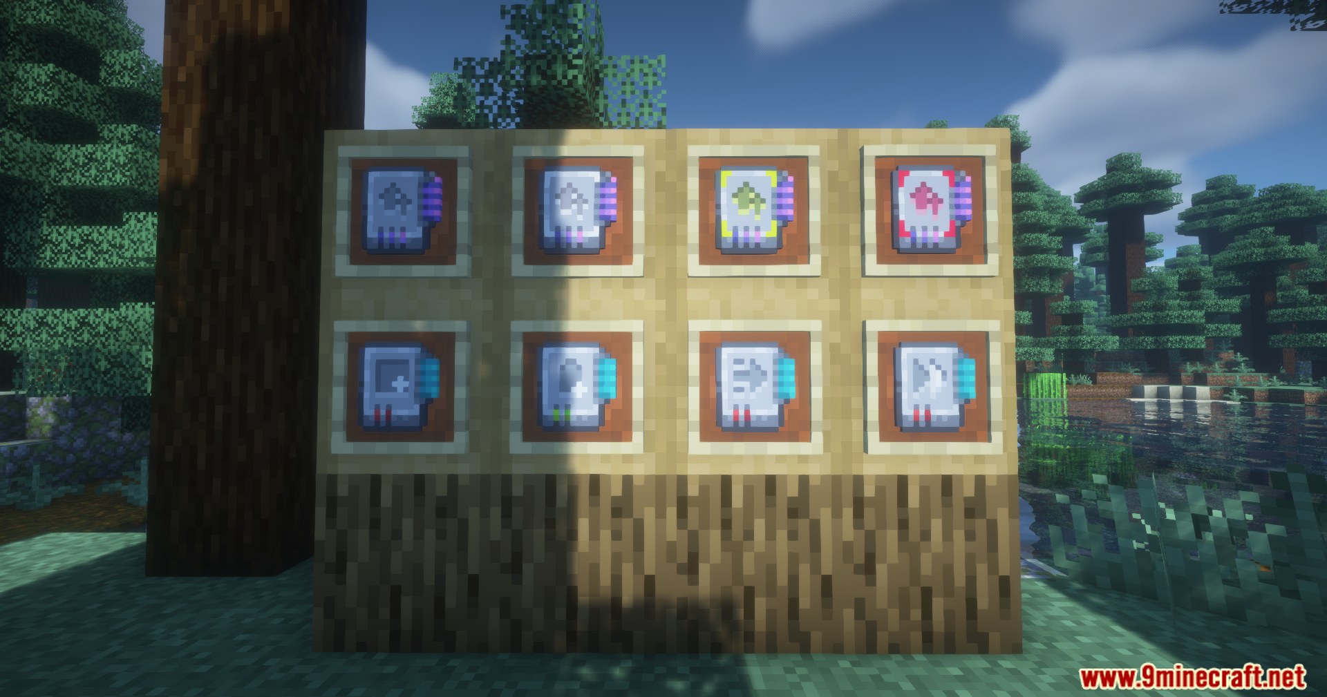 AE2 Overclocked Mod Screenshot 10 Eight different colorful upgrade cards displayed in item frames on a wall