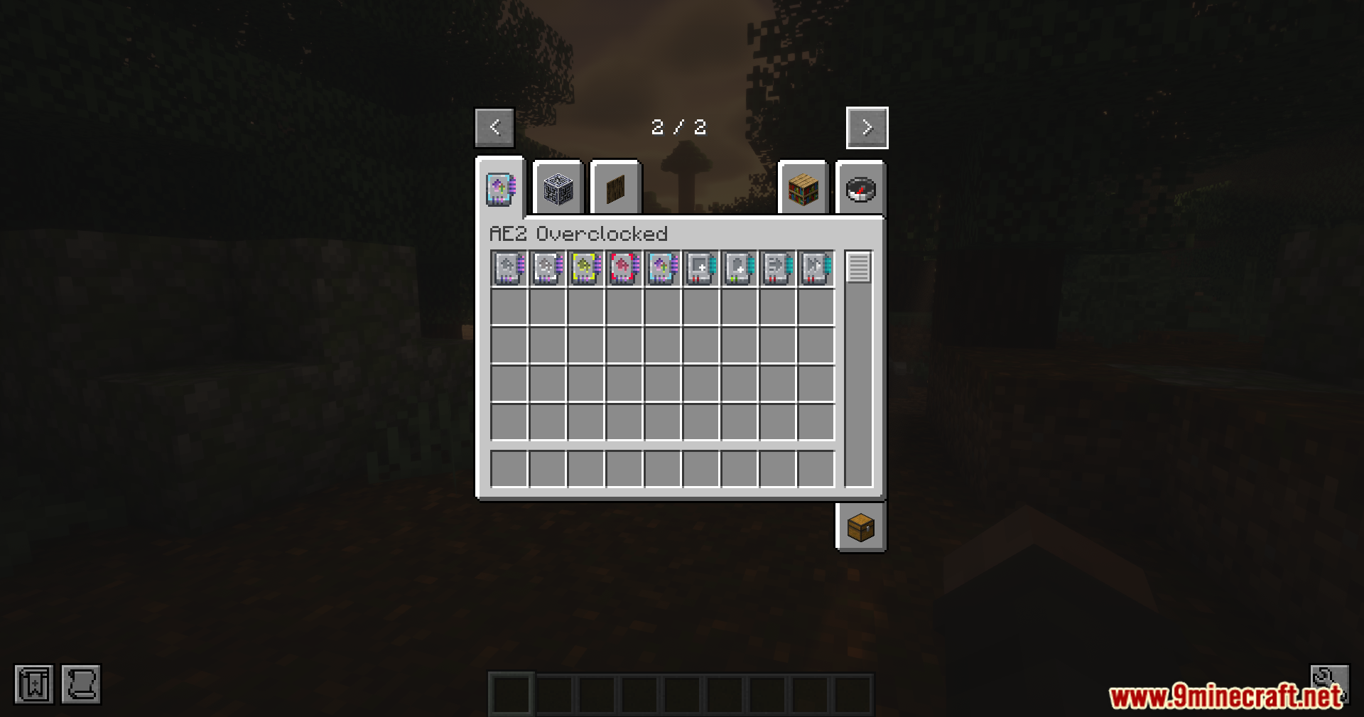 AE2 Overclocked Mod Screenshot 2 Player viewing the creative inventory tab filled with different tier upgrade cards