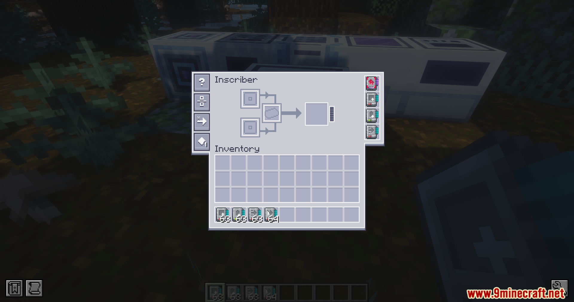 AE2 Overclocked Mod Screenshot 8 Player viewing the Inscriber interface with multiple upgrade cards installed